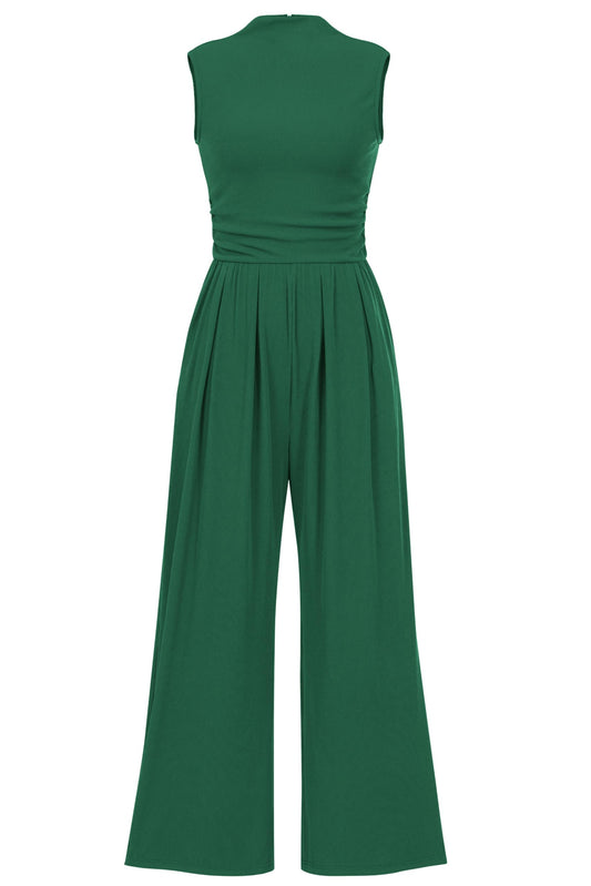 PRETTYGARDEN Womens Summer Jumpsuits Dressy Casual One Piece Outfits Sleeveless Mock Neck Wide Leg Pants Rompers with Pockets (Green,Small)