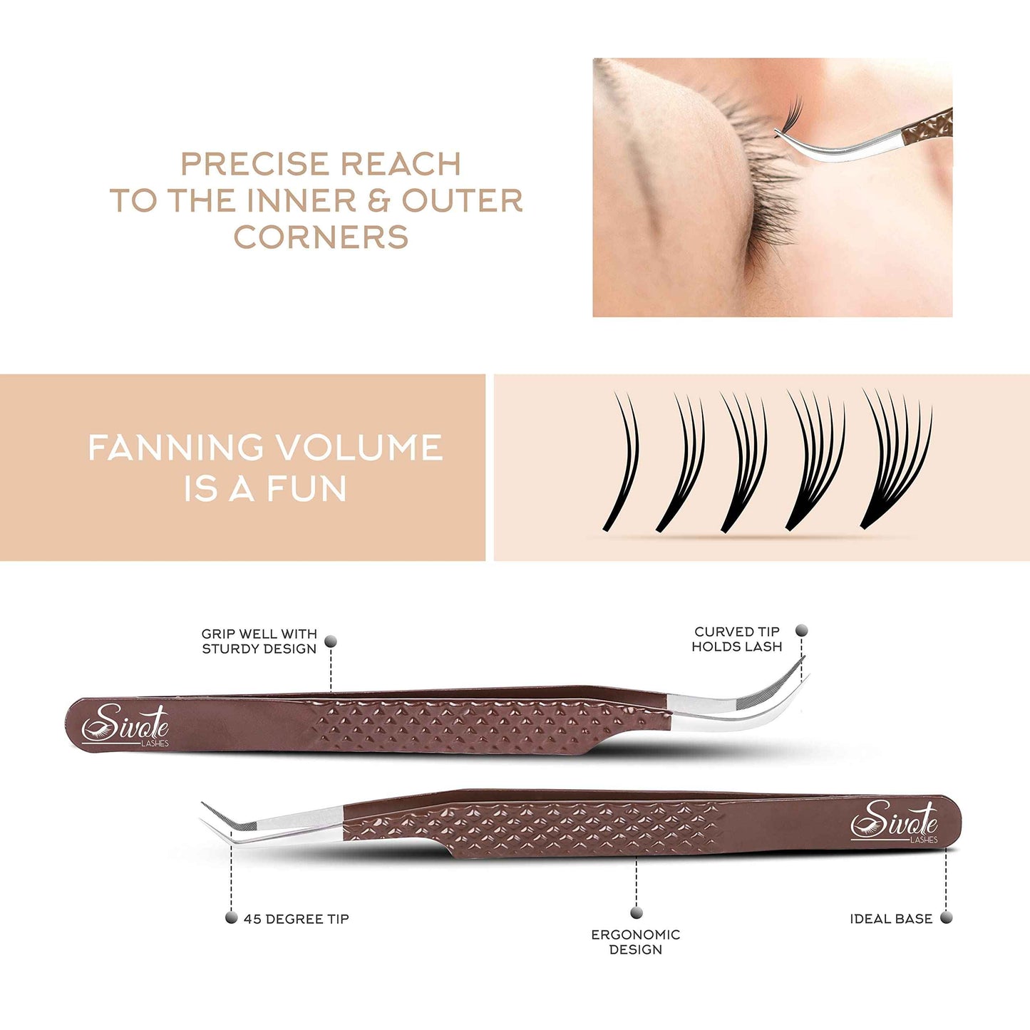SIVOTE Lash Extension Tweezers Fiber Tips, Set of 4, Curved, Dolphin, 90 Degree & 45 Degree Tweezer, Chocolate