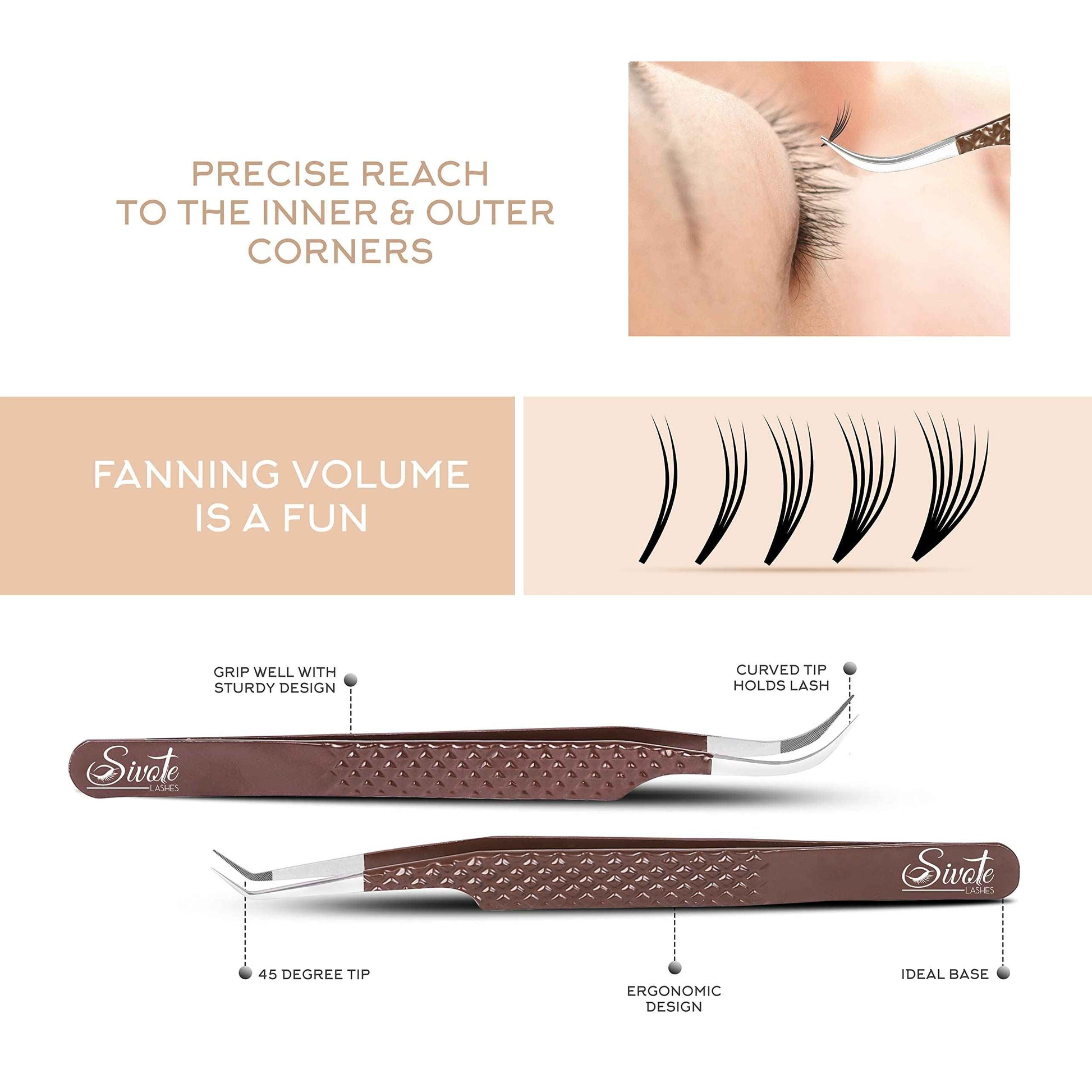 SIVOTE Lash Extension Tweezers Fiber Tips, Set of 4, Curved, Dolphin, 90 Degree & 45 Degree Tweezer, Chocolate