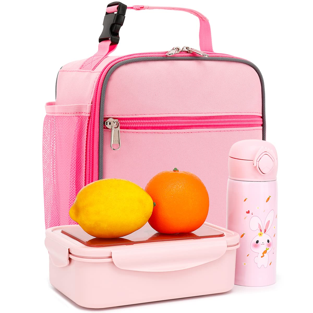 FlowFly Kids Lunch box Insulated Soft Bag Mini Cooler Back to School Thermal Meal Tote Kit for Girls, Boys, Pink