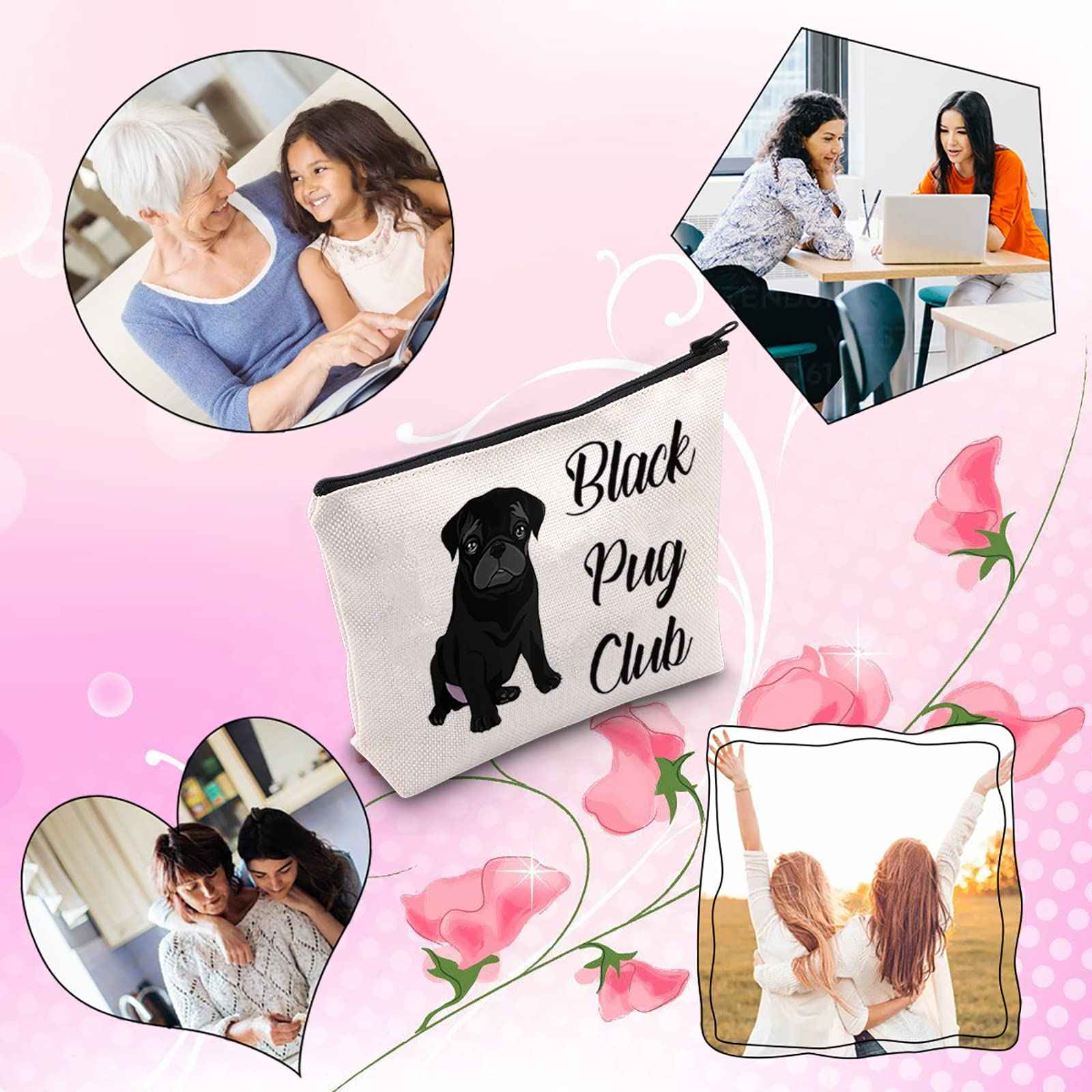 TSOTMO Pug Lover Gift Zipper Pouch Makeup Bag - Black Pug Club Puppy Love