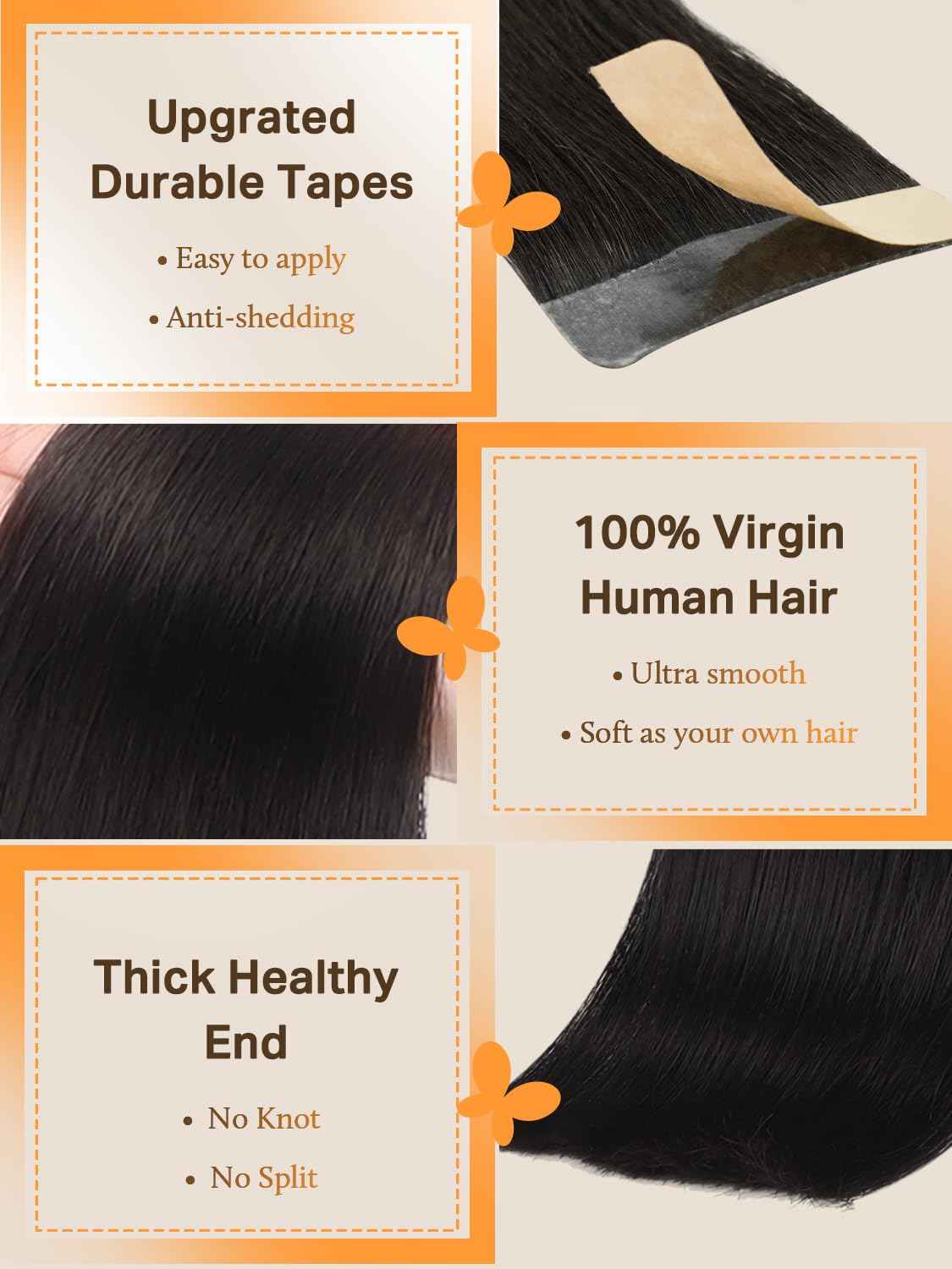 DOORES Tape in Hair Extensions Human Hair, 18 Inch 50g 20pcs Jet Black, Real Human Hair Extensions Tape in Remy Straight Skin Weft Double Side