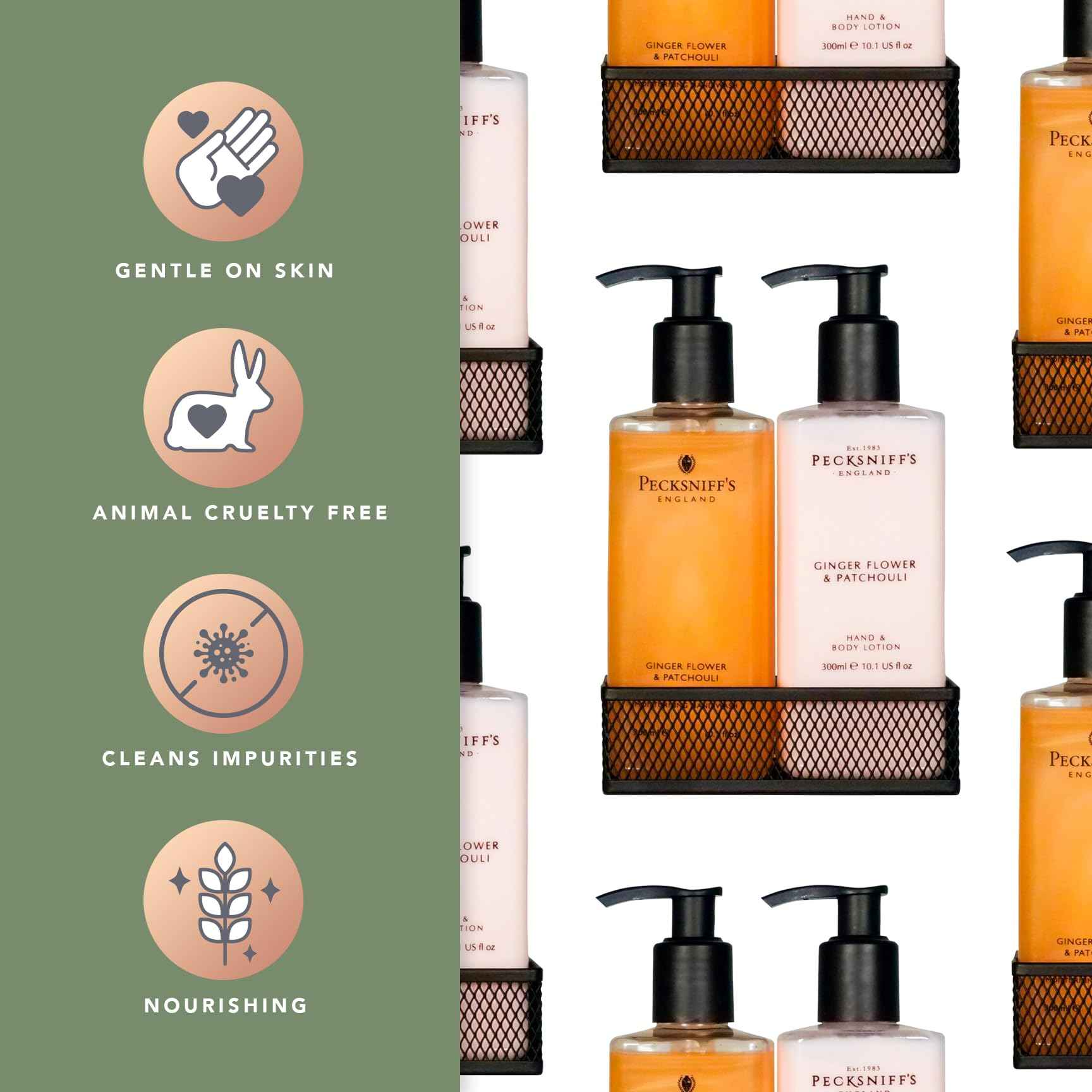 Pecksniffs Luxury Bath Gift Set, Ginger Flower and Patchouli Moisturizing Hand Soap and Body Lotion Set with Caddy, 10.1 Fl Oz