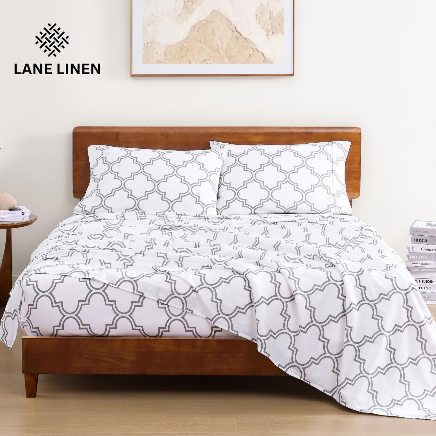 LANE LINEN Twin Sheet Set, 100% Organic Cotton Sheets Twin Size, 3Pc Twin Sheets Sets, Premium Bedding Sheets & Pillowcases, Percale Sheets, 15" Deep Pocket Twin Fitted Sheet - Trellis