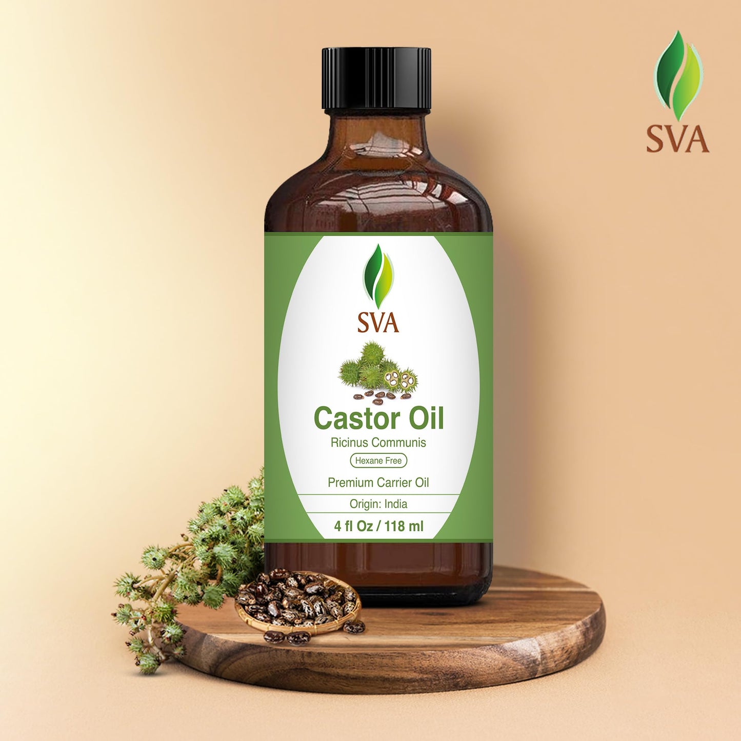 SVA Castor Seed Oil - 4 Fl Oz – 100% Natural Cold Pressed Castor Oil - for Face, Skin Care, Hair Care, Scalp Massage & Body Massage – Carrier Oil with Dropper