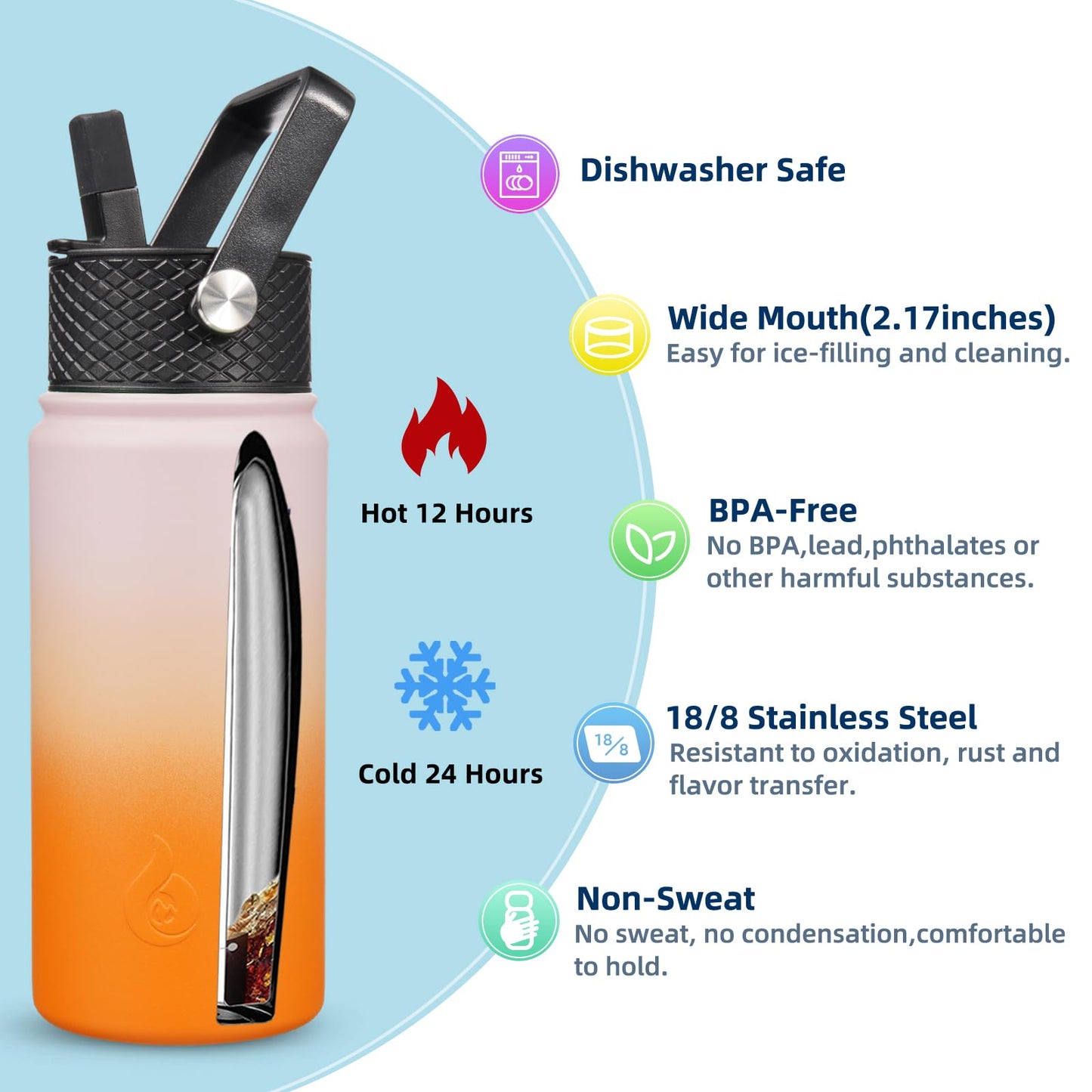 BJPKPK Insulated Water Bottles with Straw Lid, 18oz Stainless Steel Metal Water Bottle, Cold & Hot Water Bottle with 3 Lids, Leak Proof BPA Free Travel Cup, Wide Mouth Flasks, Thermos -Coral