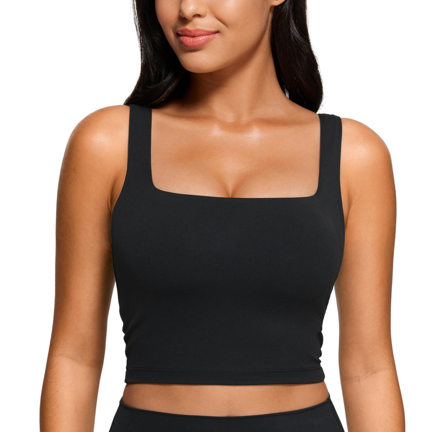 CRZ YOGA Butterluxe Womens Square Neck Longline Sports Bra - Workout Crop Tank Tops Padded with Built in Shelf Yoga Bra Black XX-Small