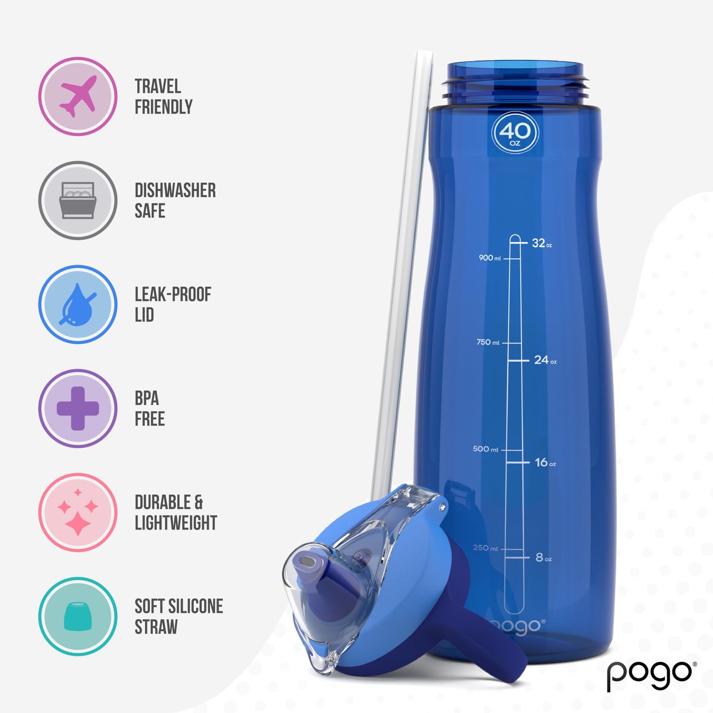 Pogo BPA-Free Tritan Plastic Water Bottle with Soft Straw, 40 Oz, Blue