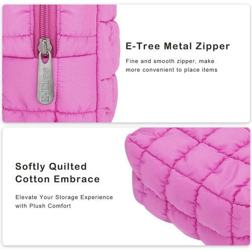 E-Tree Cute Makeup Bag,Quilted Cosmetic Bag,Make up Pouch for Purse,Toiletry Zipper Pouch,Checkered Bag,Travel Case,Storage Pouches for Organization (Hot Pink)