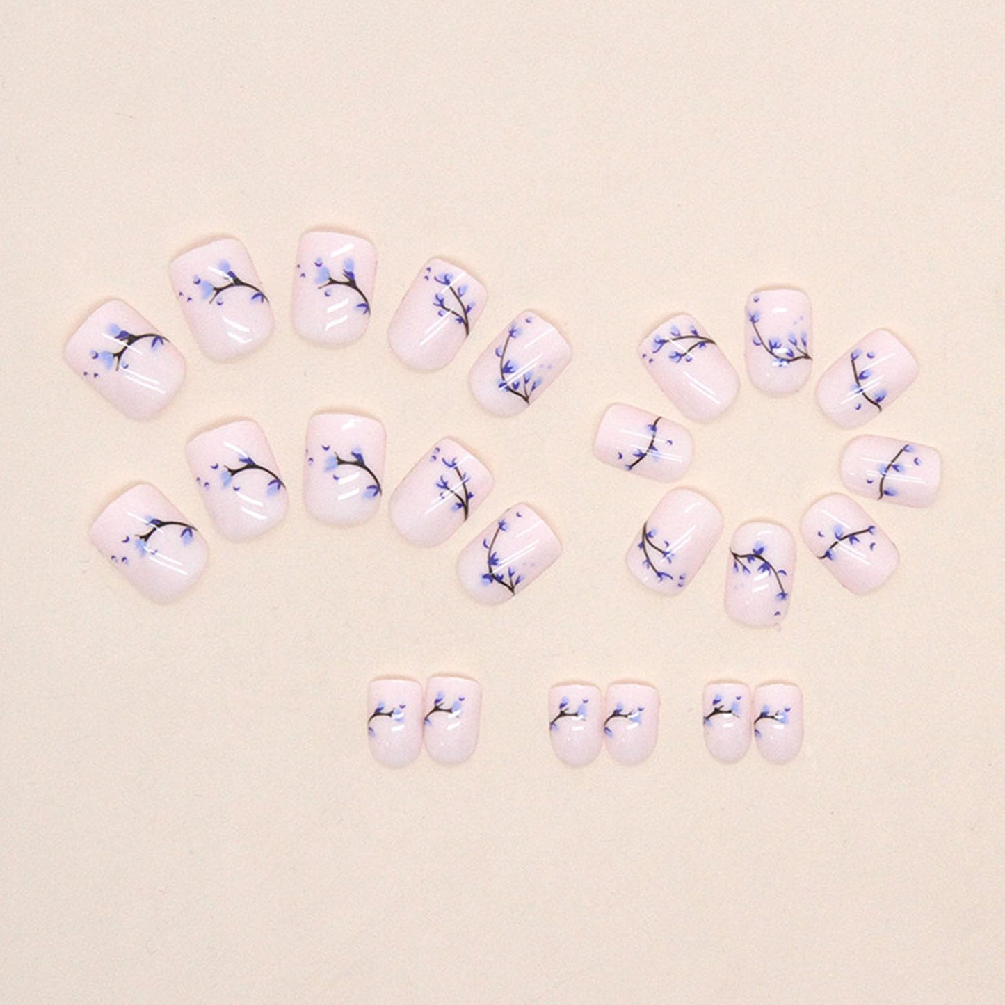 Short Press on Nails Square Fake Nails with Blue Floral Bud Designs Cute Acrylic Nails Glossy Glue on Nails Spring Summer False Nails Pink Artificial Stick on Nails for Women 24 Pcs