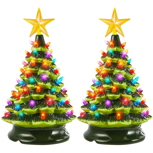 Baquler 2 Pack 15 Inch Ceramic Christmas Tree, Pre Lit Lighted Tabletop Tree Hand Painted Prelit Xmas Tree Figurine with Multicolored Bulbs for Home Office Table Decoration(Green)