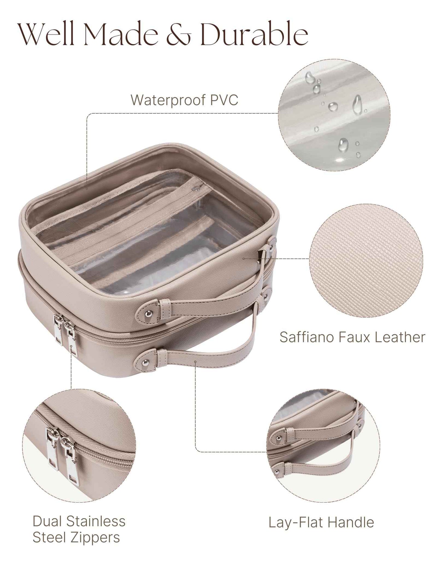 Oaque Clear Cosmetic Bag Double Layer Travel Toiletry Bag Clear Makeup Bag Case with 4 Compartments, Transparent Travel Bag for Toiletries, Large Toiletry Bag for Women Cosmetic Case (Taupe, Large)