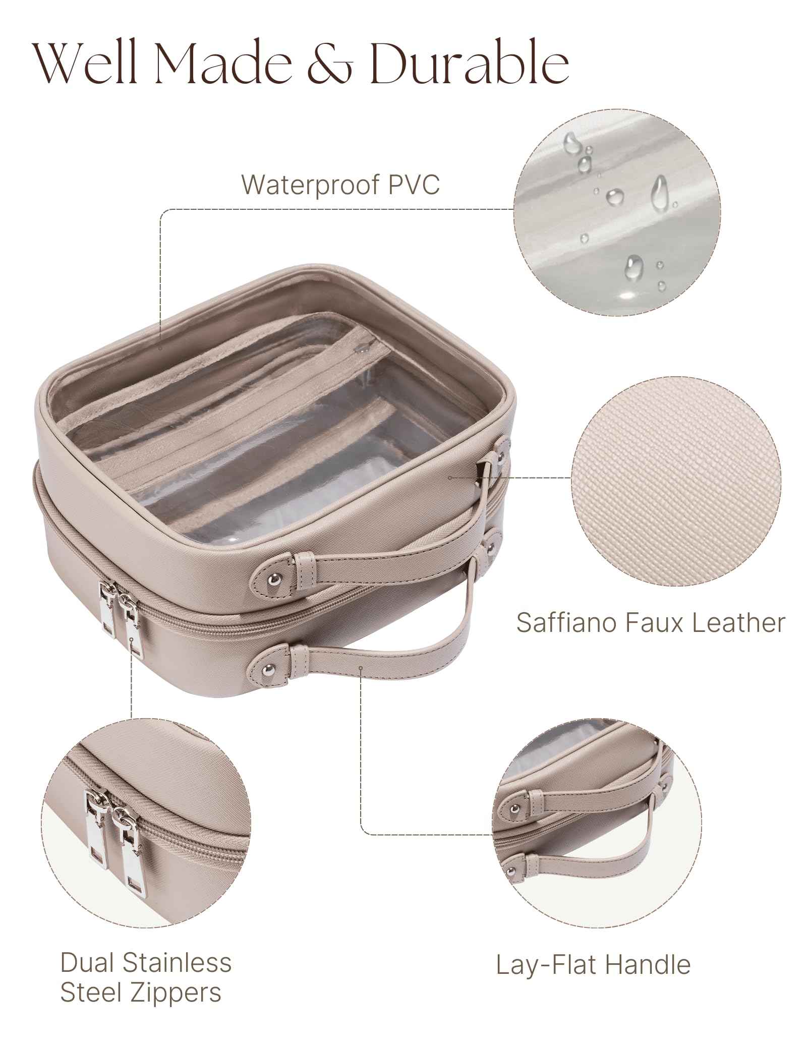 Oaque Clear Cosmetic Bag Double Layer Travel Toiletry Bag Clear Makeup Bag Case with 4 Compartments, Transparent Travel Bag for Toiletries, Large Toiletry Bag for Women Cosmetic Case (Taupe, Large)