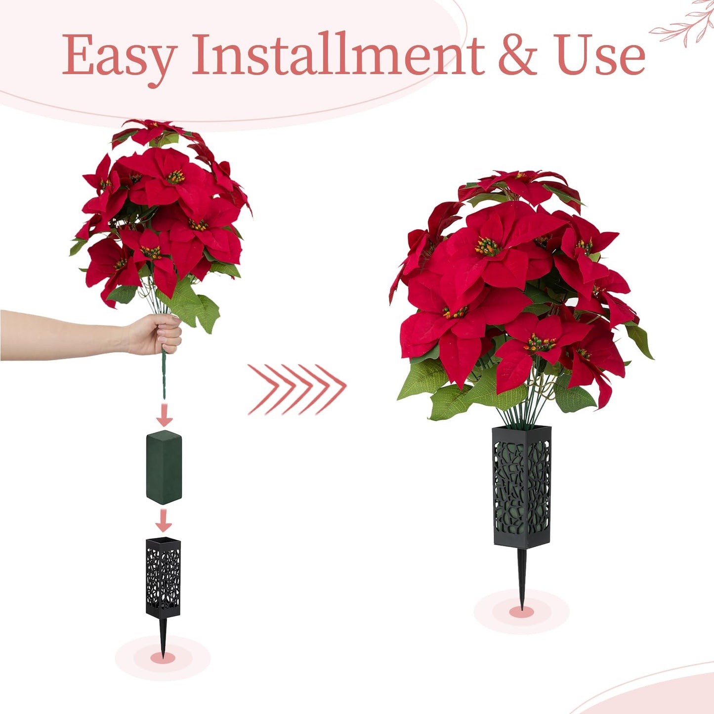 Memobloom Christmas Cemetery Flowers for Grave: 2 Pcs Artificial Red Poinsettias Bouquets for Cemetery Decorations