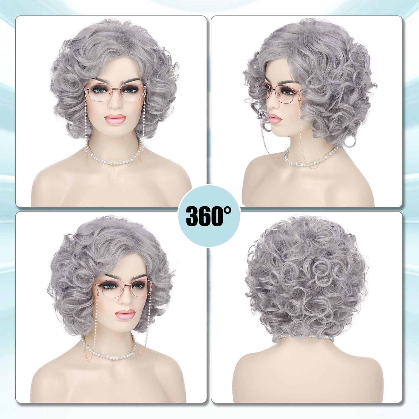 G&T Wig Old Lady Wig for Grandma Costume 100 Days of School Sliver Grey Curly Granny Wig For Old Women’s Cosplay Party Halloween Use (5pcs Set)