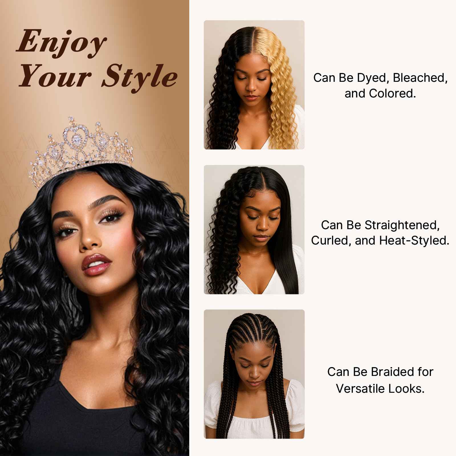 Wequeen 16A Deep Wave Human Hair Bundles 16 Inch 100% Unprocessed Brazilian Virgin Hair Quick Weave Bundles Human Hair Extensions Real Human Hair, Natural Black