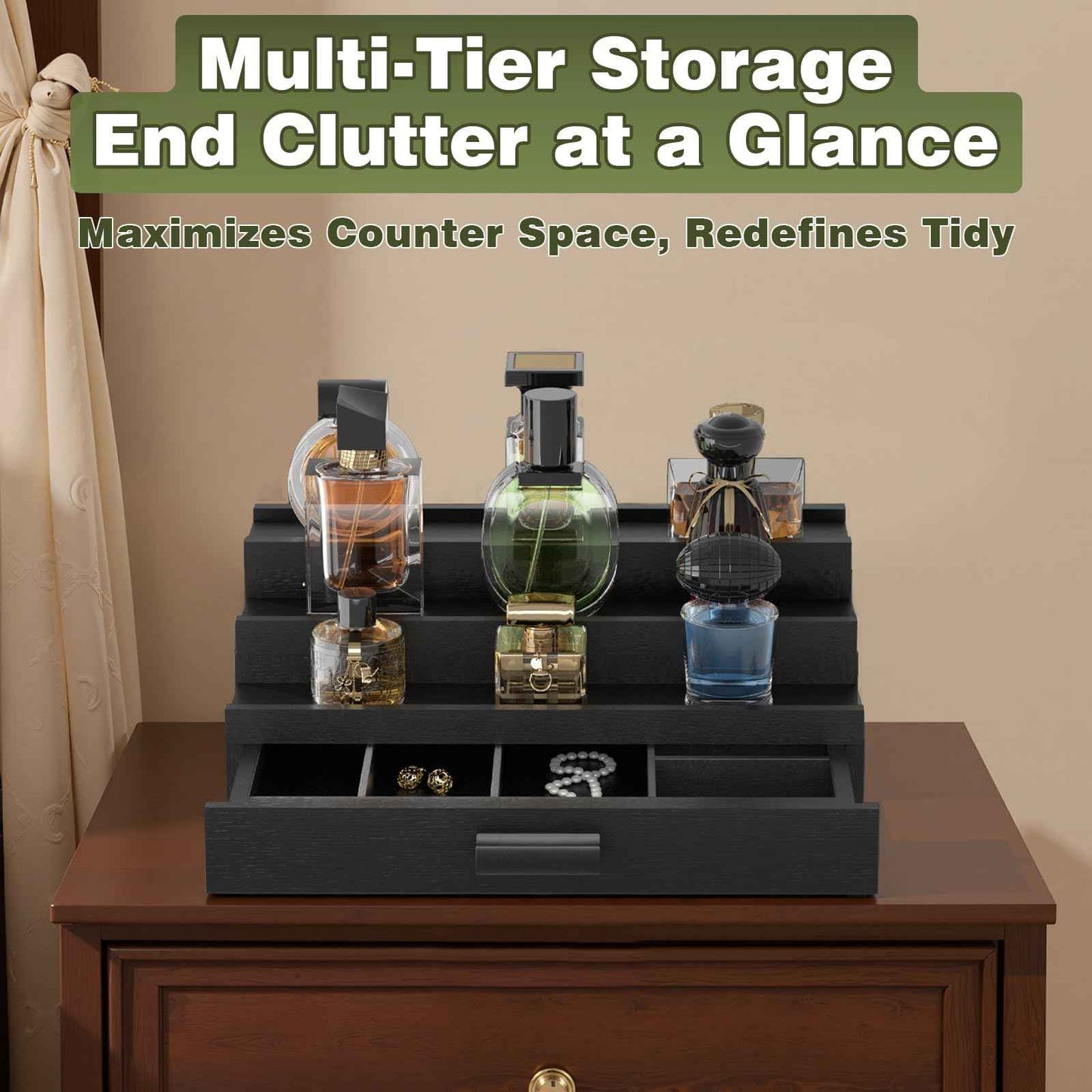 TIRYIUOU Perfume Cologne Organizer for Men: 3 Tier Wooden Perfumes Stand, Desktop Parfum Holder Wood Display Shelf with Cabinet, Bedroom Dresser Makeup Lotion Jewelry Storage Rack with Drawer