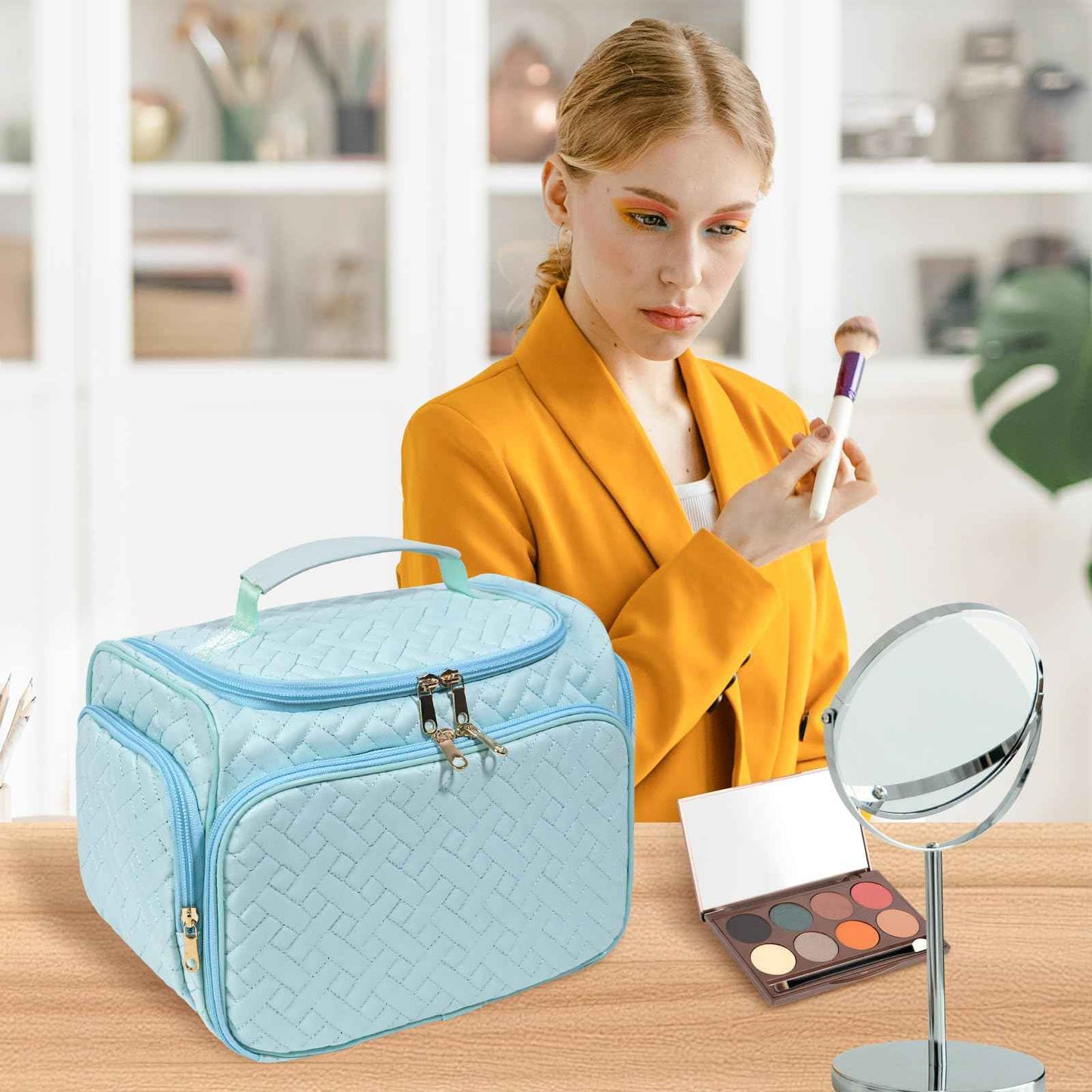 HDKJDPG Large Makeup Bag Organizer with Brush Storage,Travel Makeup Bag with Compartments for Travel Cosmetic Bags for Women (Blue)