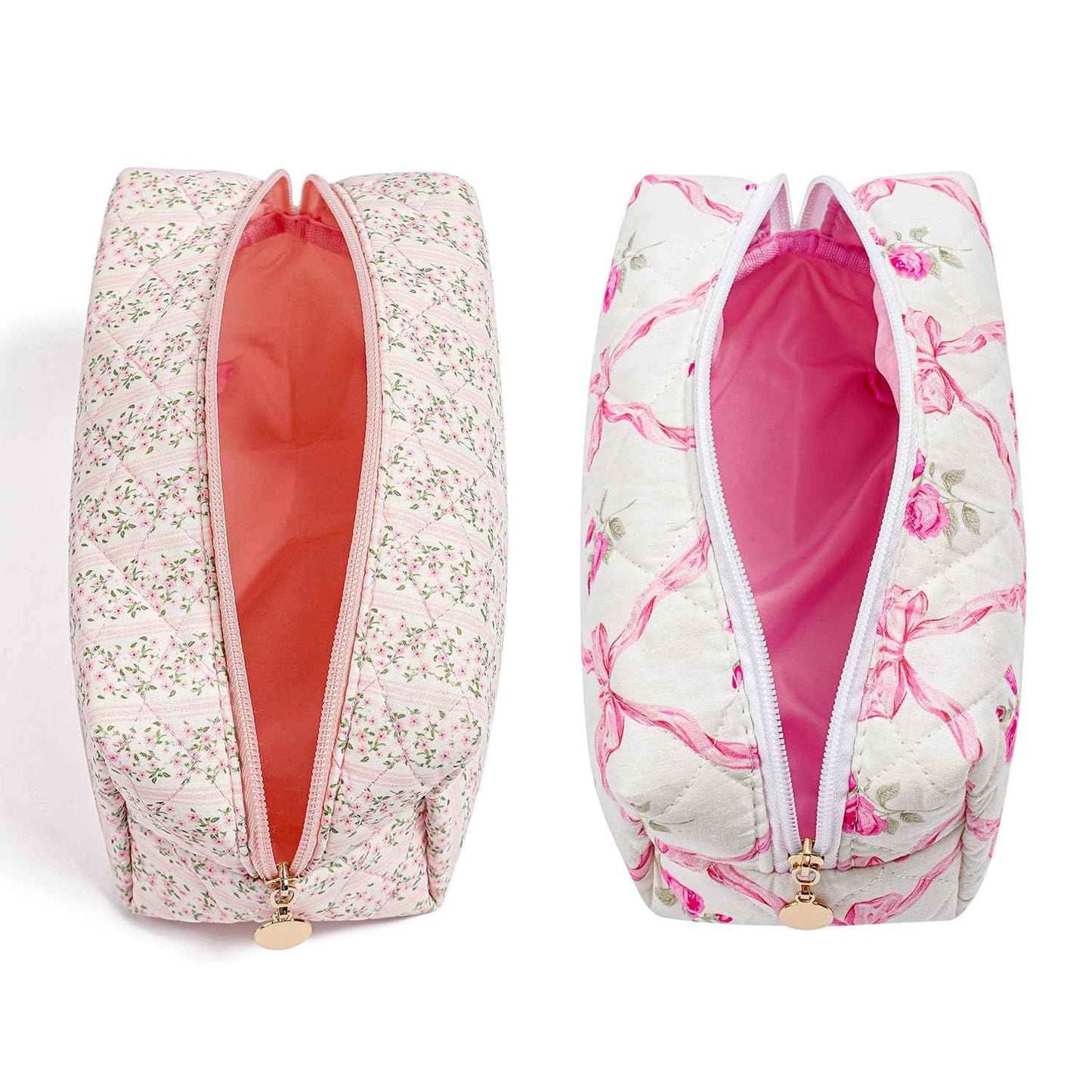 Gleyemor 2 Pieces Quilted Makeup Bag, Cute Floral Cosmetic Bag for Women, Cotton Make Up Bag Set, Flower Travel Toiletry Bag Tote Pouch Organizer (Pink Floral+ Pink Rose)