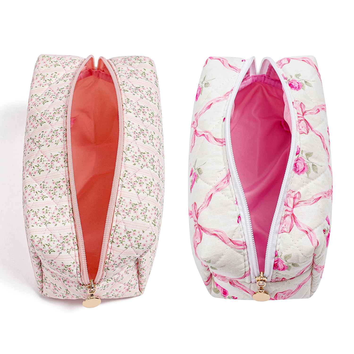 Gleyemor 2 Pieces Quilted Makeup Bag, Cute Floral Cosmetic Bag for Women, Cotton Make Up Bag Set, Flower Travel Toiletry Bag Tote Pouch Organizer (Pink Floral+ Pink Rose)