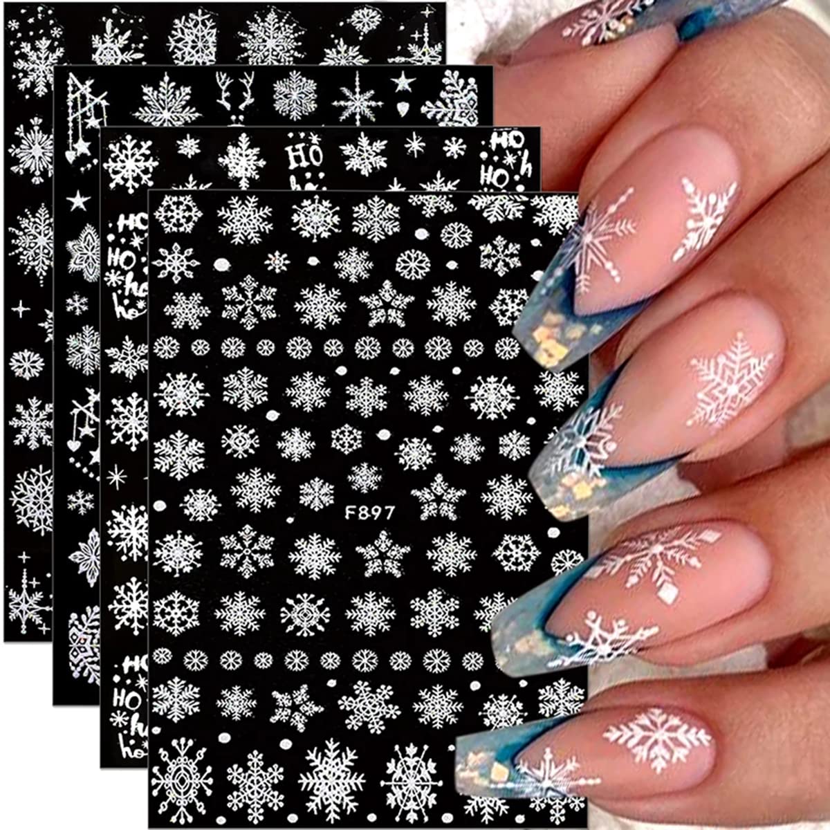 8 Sheets 3D Snowflake Nail Art Stickers Winter Nail Decals Self-Adhesive Glitter Designs Nail Charms Christmas Nail Stickers Winter Holiday Nail Decoration for Women Girls DIY Xmas Nail Art Supplies