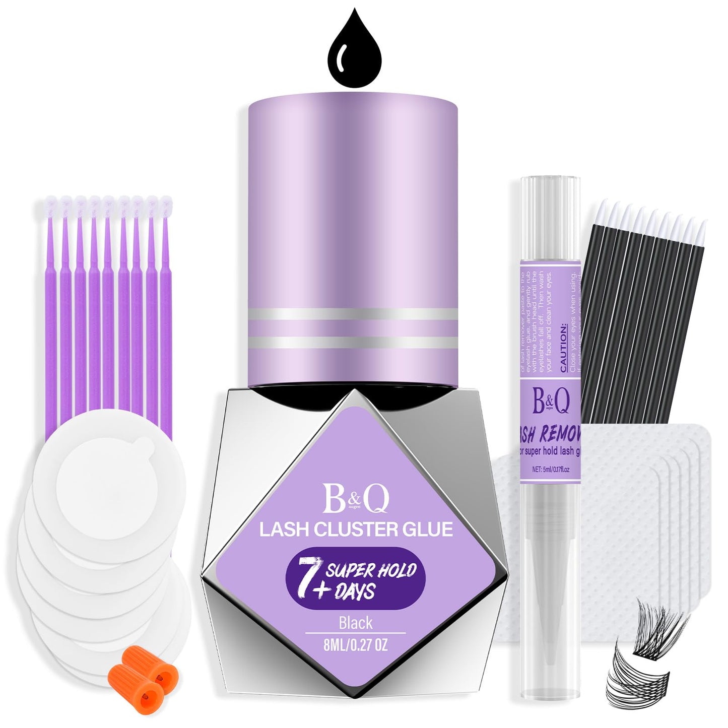 B&Q Lash Glue for Eyelash Clusters 8ML Eyelash Glue Super Lasting 7+ Days Eyelash Extension Glue Kit Waterproof Lash Extension Glue for Lash Clusters Black Lash Cluster Glue Fast Drying at Home(CNDJ)