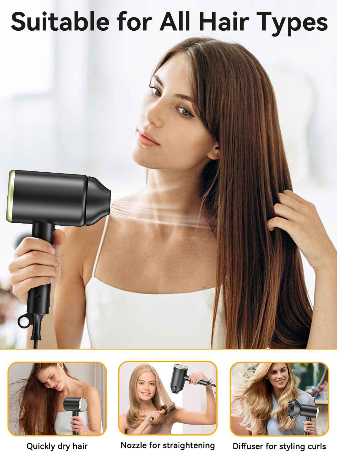 Hair Dryer, 150000RPM Ionic Blow Dryer - Fast Drying, Low Noise, Foldable Portable with Diffuser and Nozzle, Compact Mini for Women and Men, Home and Travel （Black）