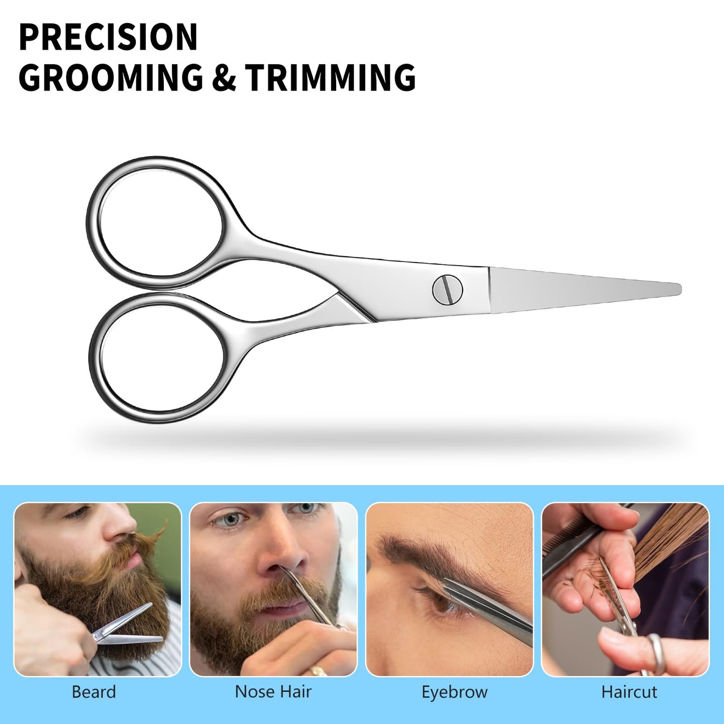 Grooming Scissors, Facial Hair Small Scissors For Men Women - Eyebrow, Nose Hair, Mustache, Beard, Eyelashes and Ear Hair Cutting Scissors- Round Head Safety Scissors For Hair Cutting- Silver.