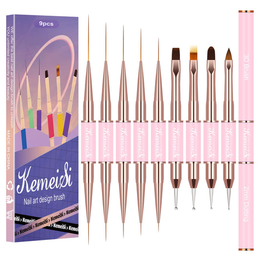 KEMEISI Nail Art Brush Set, 9PCS Double-Ended Acrylic Nail Liner Brush Dotting Pen for Gel Polish Nails, Nail Design Tools for Professional Manicure DIY Home Salon