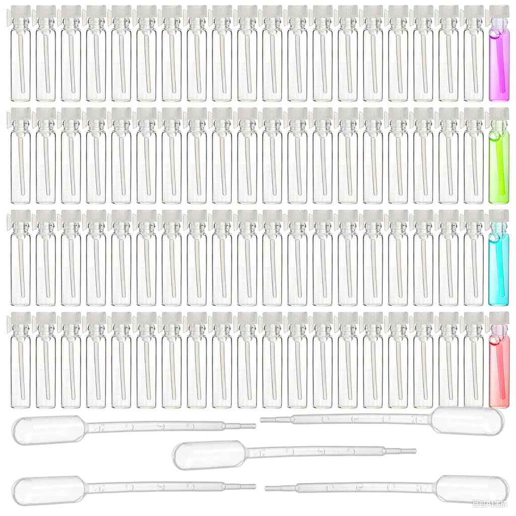Mezchi 200Pcs Mini 1ml Clear Glass Perfume Sample Bottles with 5 Droppers, Empty Refillable Cologne Decant Bottles, Travel Tester Vials for Fragrance, Essential Oils, DIY Liquids