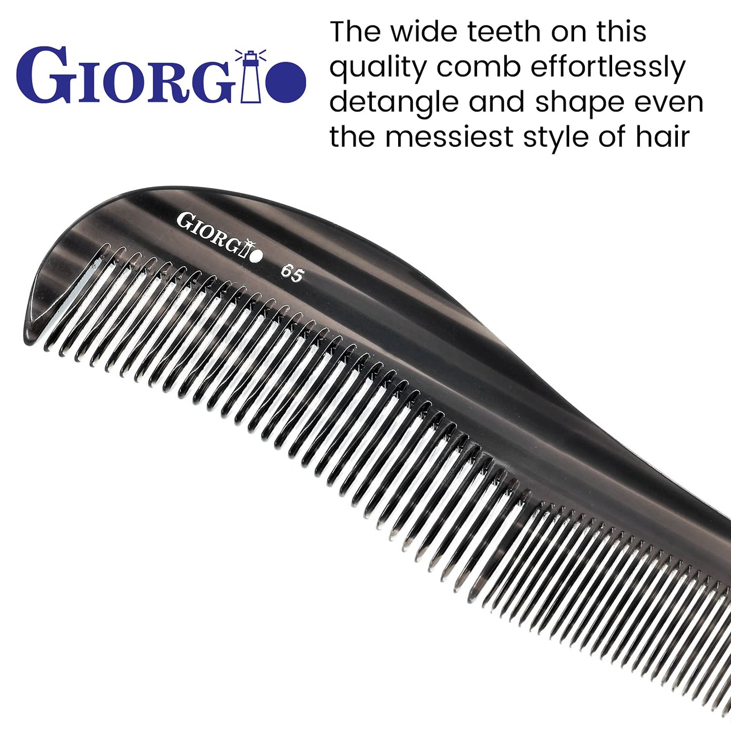 Giorgio G65 Classic Dresser Contour Comb, Double Tooth Coarse/Fine Hair Styling Grooming Comb for Men, Women and Kids. Black Barber Comb Saw Cut, Handmade and Hand Polished for Everyday Hair Care