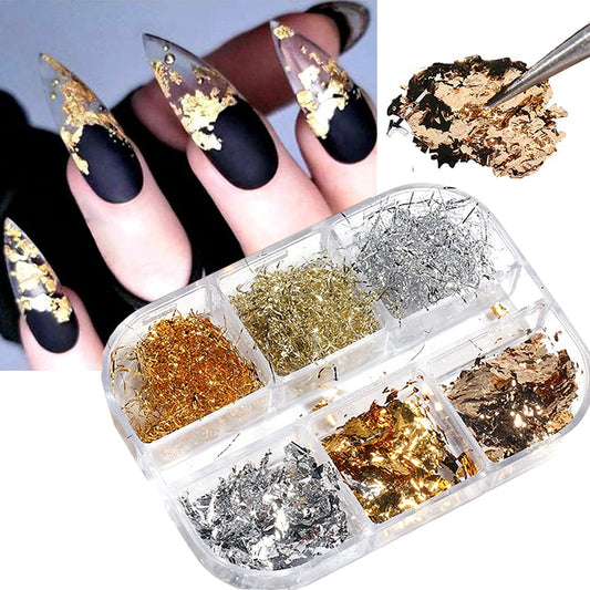 Holographic Nail Art Foil Glitter Flakes 3D Sparkly Nail Art Stickers Aluminum Foil Flake Sequins Metallic Gold Silver Nail Supplies Foil Glitters Confetti for Acrylic Nails Design Decorations 6 Grids