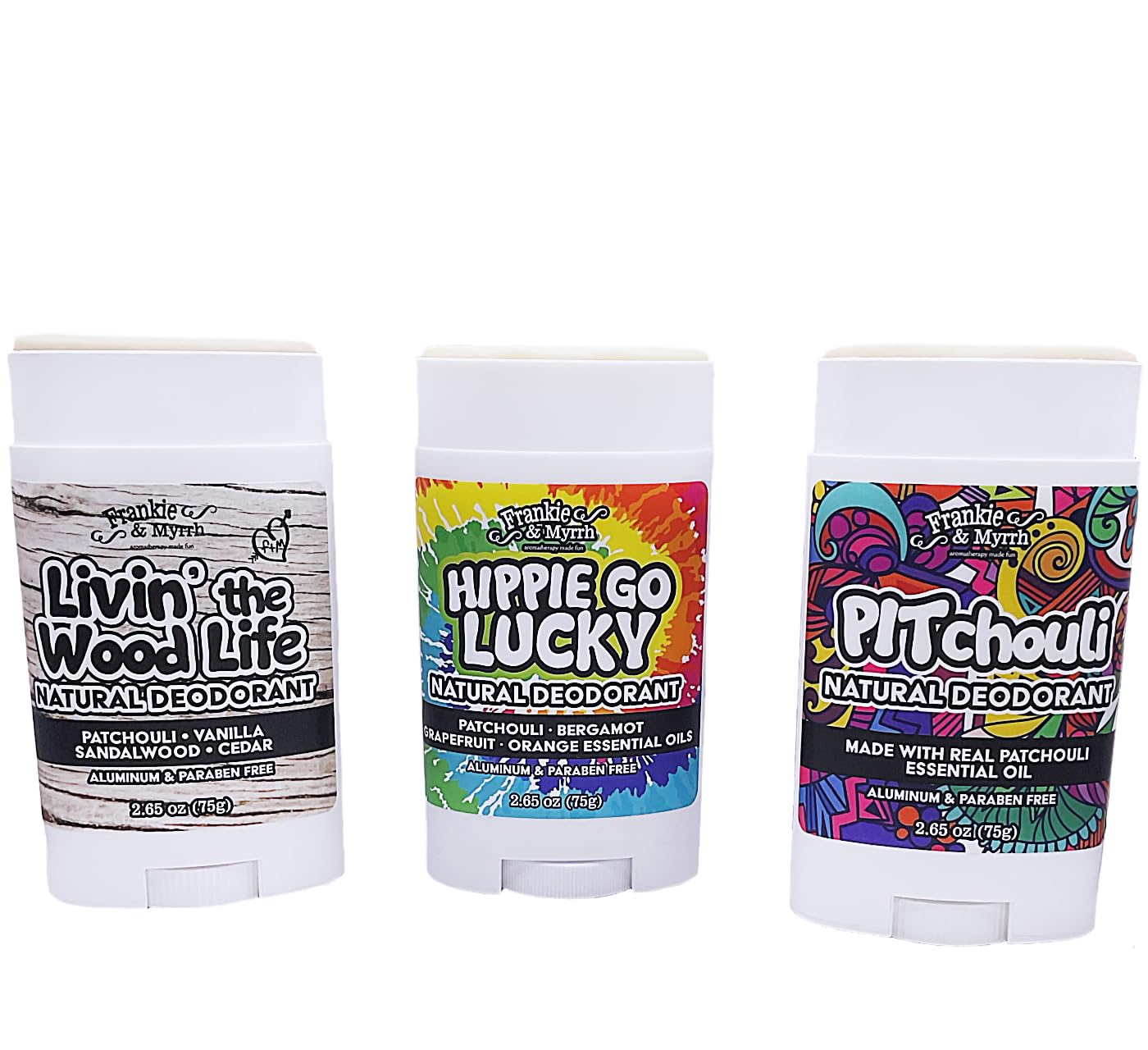 Frankie & Myrrh Natural Deodorant Patchouli Trio | Pitchouli, Livin' the Wood Life, Hippie Go Lucky