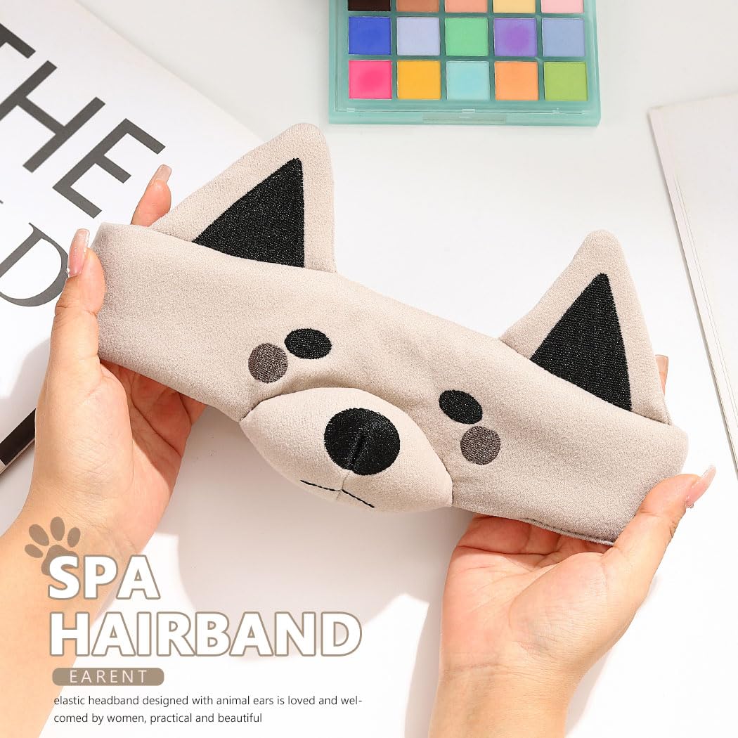 Earent Spa Makeup Headband Animal Dog Ears Hairband for Washing Face Elastic Plush Cosmetic Headwear Cute Shower Hair Accessories for Women Girls (C-Khaki)