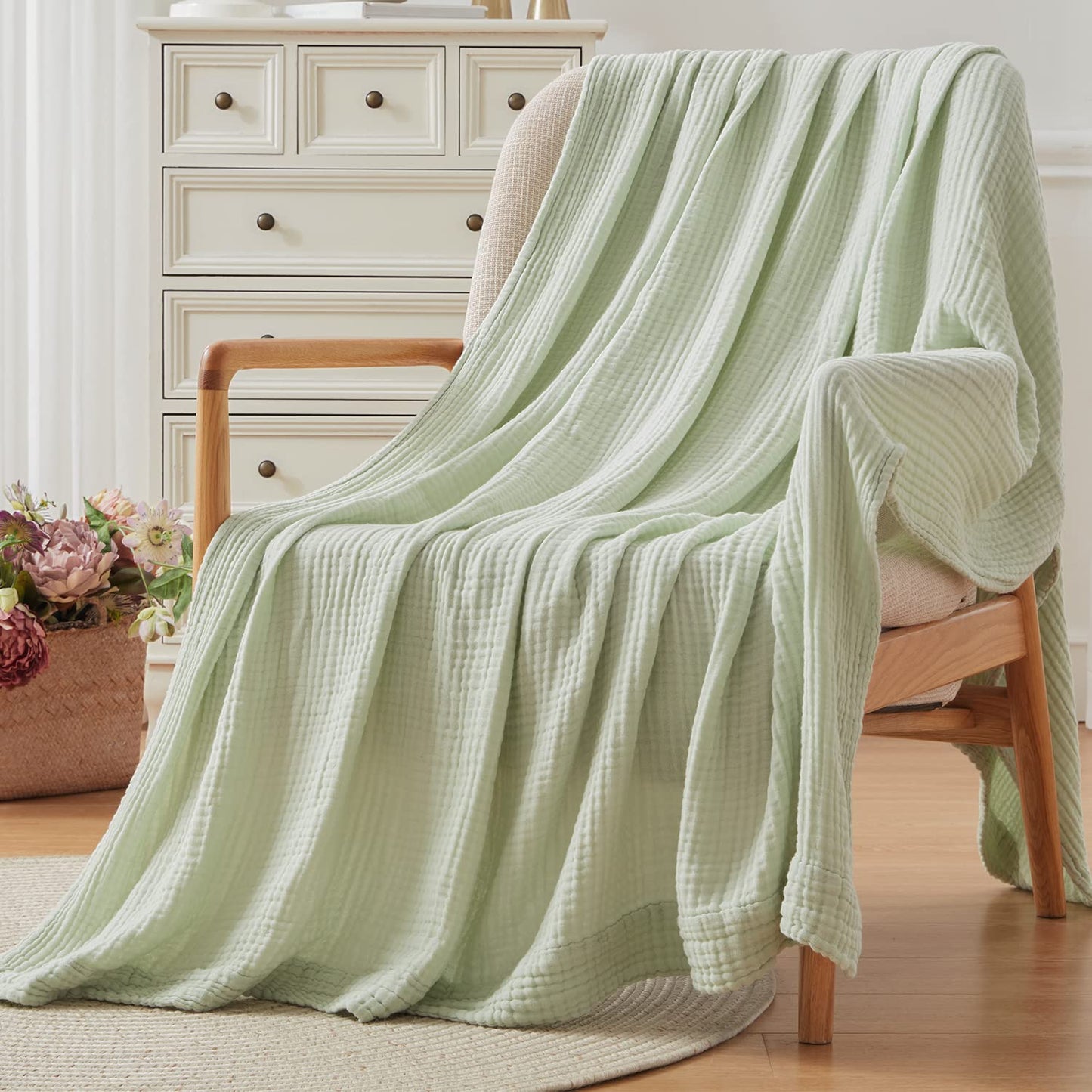 EMME Cotton Blanket Queen Size for Bed Soft Large Muslin Bed Blankets 80"x90" Lightweight Breathable Blanket All Season Gauze Blanket, Mint Green