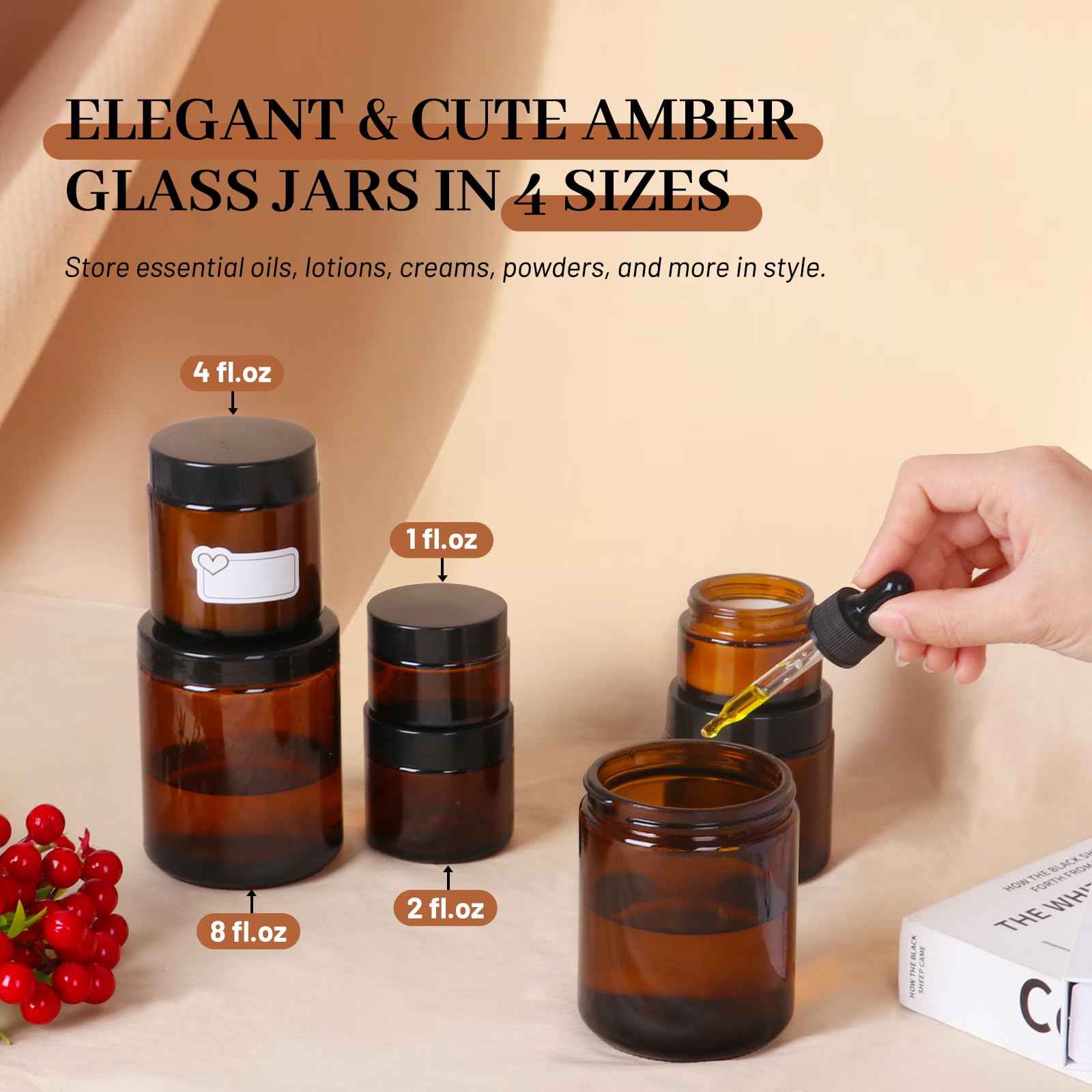 AuroTrends 1 oz Glass Jars with Lids 6Pack- Mini Amber Glass Jar/Cosmetic Containers with UV Protection,Travel Labels (30ml, Set of 6)