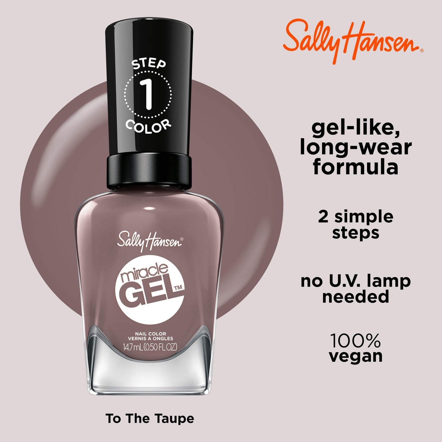 Sally Hansen Miracle Gel™, To the Taupe, Long Lasting, Gel-Like Formula, No UV Lamp Needed, Taupe Nail Polish