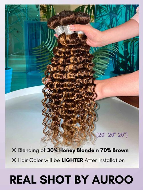 AUROO Honey Blonde Highlight Deep Wave Single Bundles Human Hair, 100% Thick Track 12A Virgin Brazilian Weaves P4/27 Balayage Ombre Brown Curly Water Wave Colored Human Hair Bundles Sew In 14 Inch