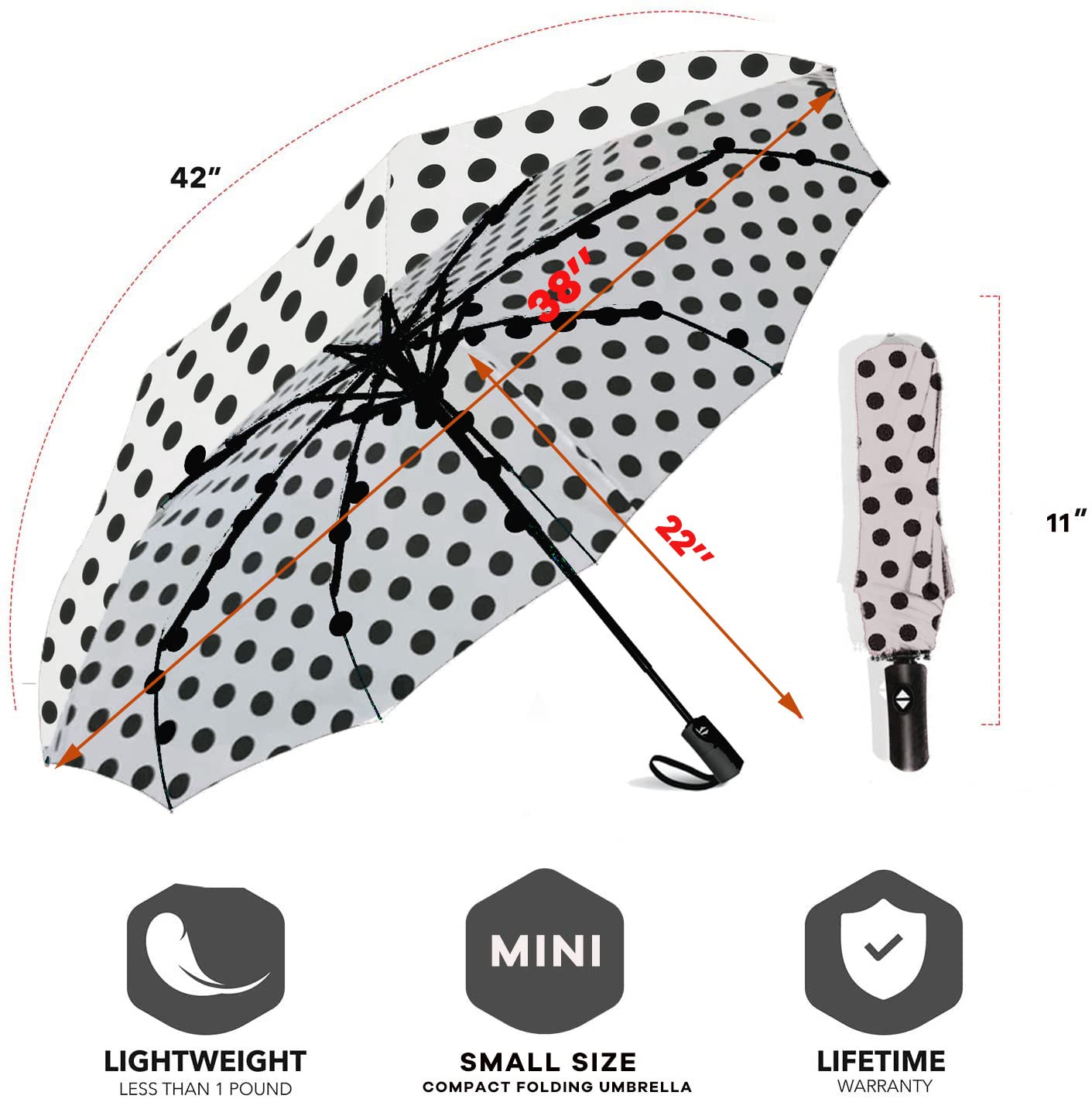 SIEPASA Windproof Travel Compact Umbrella-Automatic Umbrellas for Rain- Small Portable Windproof Umbrellas for Men Women Teenage. (White Polka Dots)