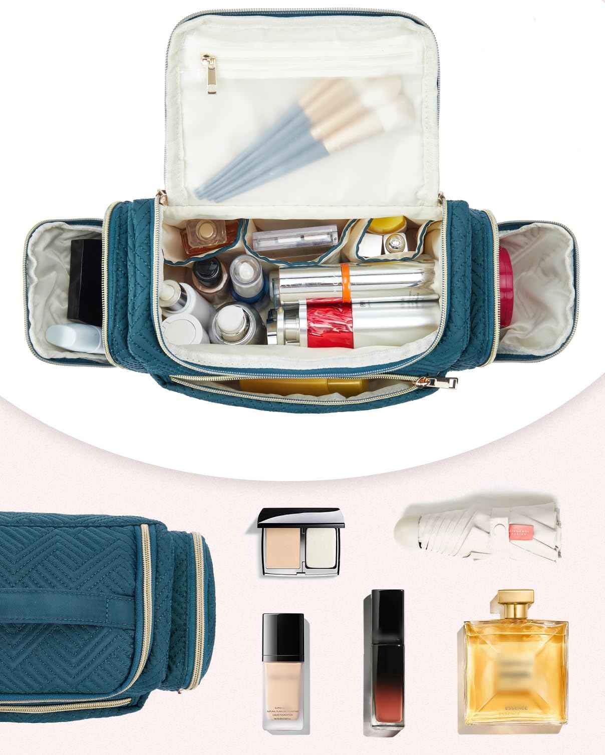 Telena Travel Toiletry Makeup Bag - Multifunctional Cosmetic Organizer Pack,Water Resistant Essentials for Women, Portable Foldable Toiletries Kit, Dry and Wet Separation, Large Capacity, Black Green