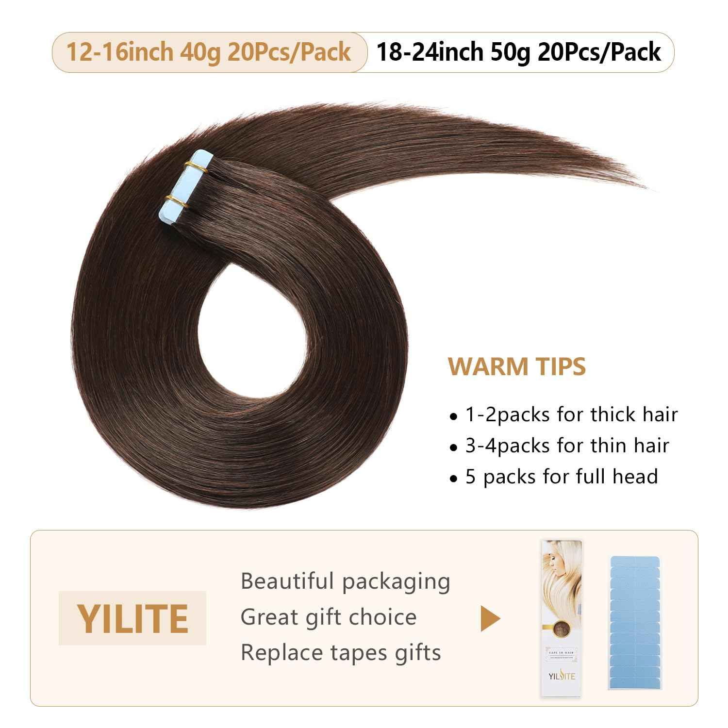 YILITE Tape in Hair Extensions Human Hair #2 Darkest Brown 14inch Silky Straight Real Natural Remy Tape in Human Hair Extensions 20pcs 40g/pack(#2 Darkest Brown14 inch)