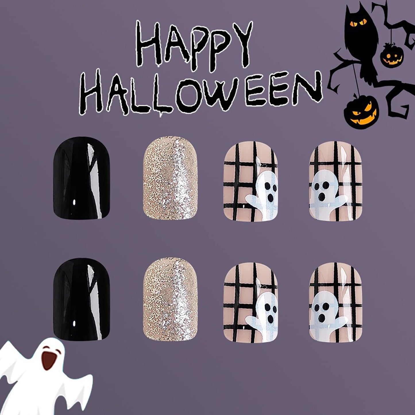 Halloween Fake Nails Short Square Shaped Press on Nails Black Glitter Glossy False Nails Little Ghost Designs Halloween Nails Full Cover Artificial Nails Glue on Nails for Women Girls 24Pcs