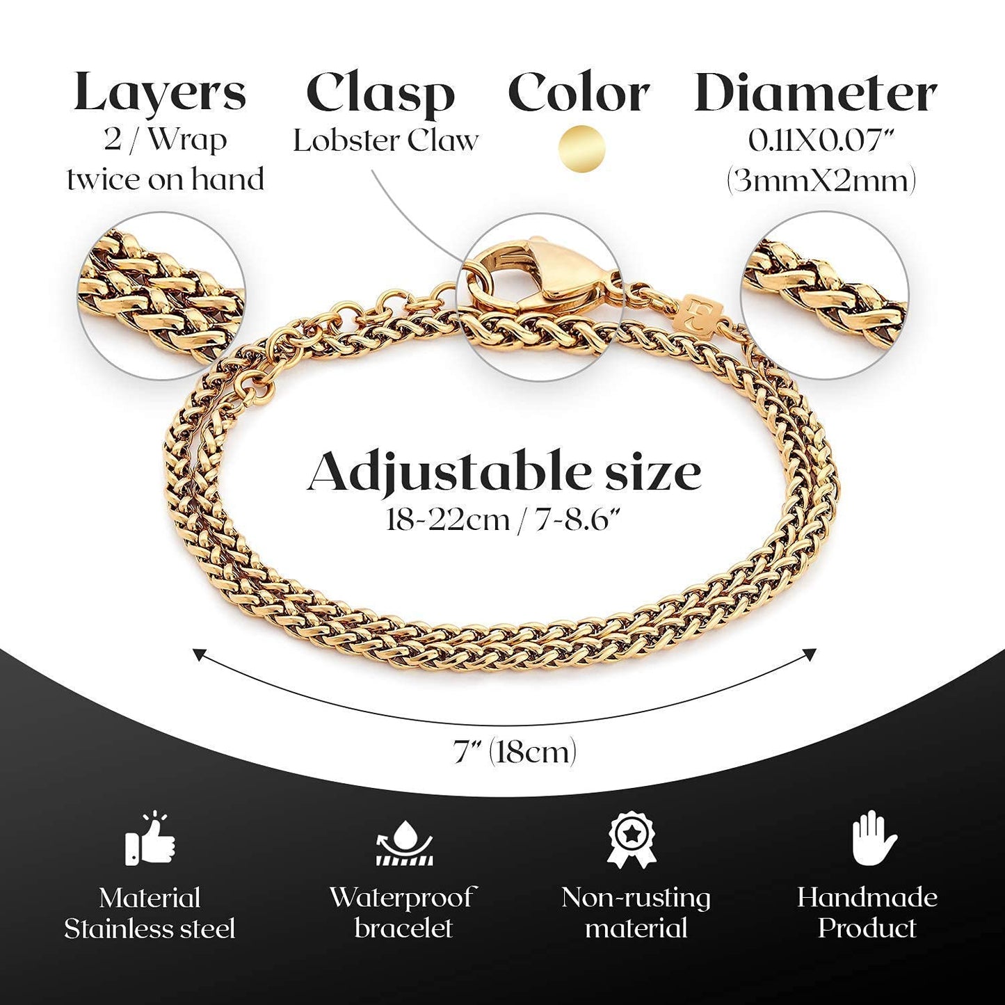 Galis Wrap Bracelets For Women and Men - Unisex Premium Stainless Steel Bracelet for Men & Women, Gold Plated Non Tarnish Bracelet - Double Wrap Wheat Chain Style with Lobster Claw Clasp 7"