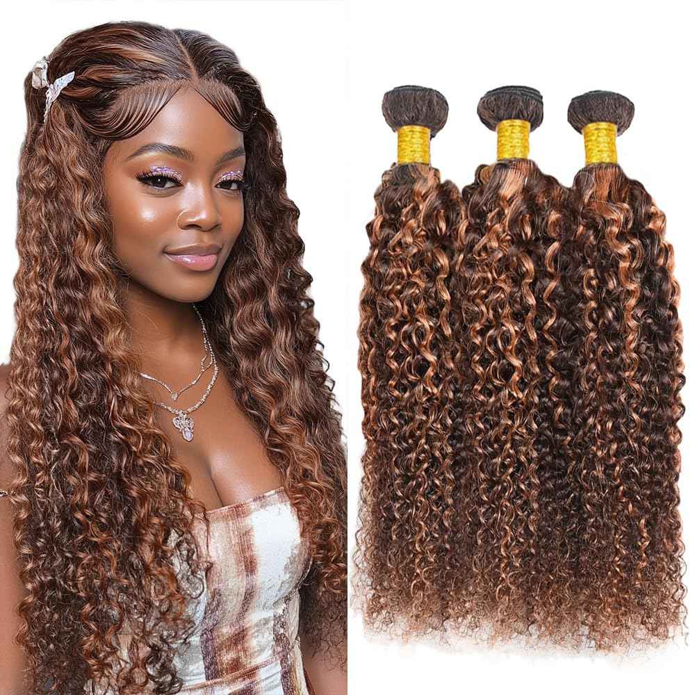 Biliisyff P4/30 Highlight Brown Curly Wave Human Hair Ombre Kinky Curly Bundles Brazilian Virgin Hair Two Tone #4 Brown Mixed With #30 Auburn Bundles Hair Weave 8 10 12 Inch