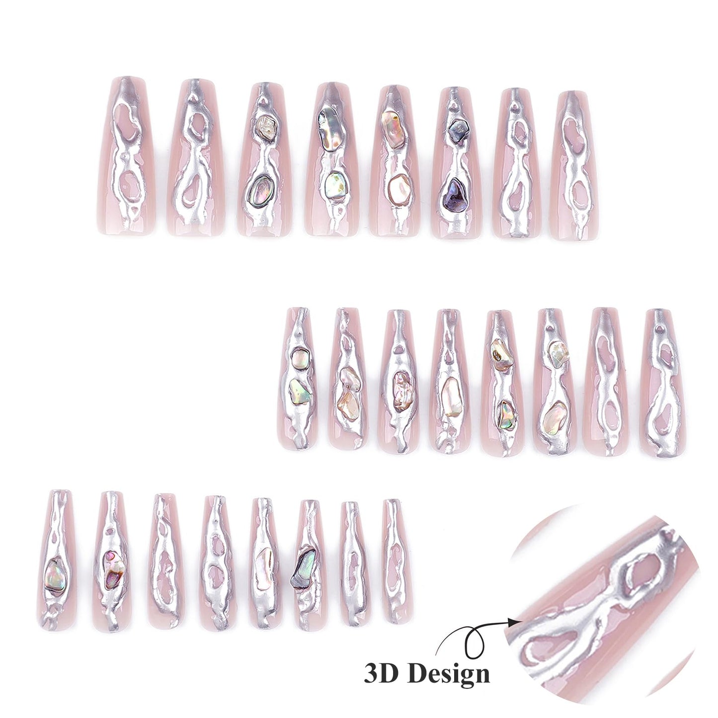 MISUD Press on Nails Long Coffin Fake Nails Glossy Glue on Nails 3D Silver Chrome Acrylic Nails Ballerina Artificial Nails Luxury Rhinestone Stick on False Nails with Design 24 pcs