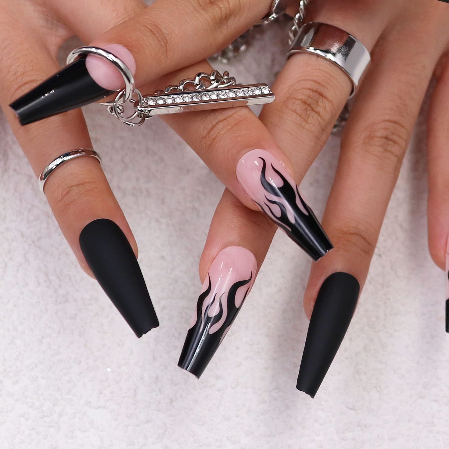 MISUD Long Coffin Press on Nails Ballerina Fake Nails Goth Black Flame Acrylic Nails Matte Glue on Nails Gothic Fire Sick on False Nails with Design 30 pcs