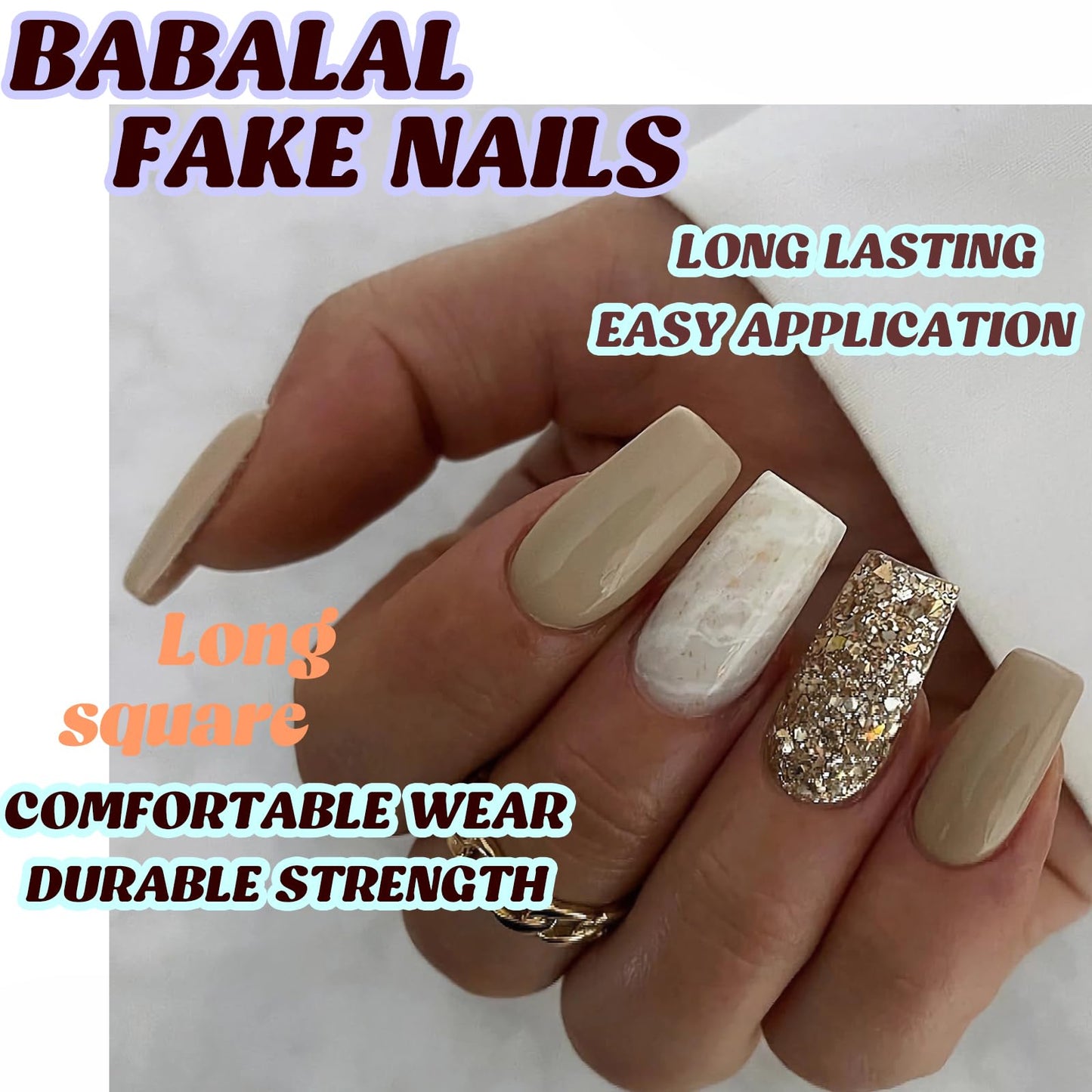 BABALAL Long Square Press on Nails White Nude Fake Nails Golden Glitter Shiny Glue on Nails 24Pcs Cute Design Acrylic Nails Squoval Manicure False Nails for Women and Girls