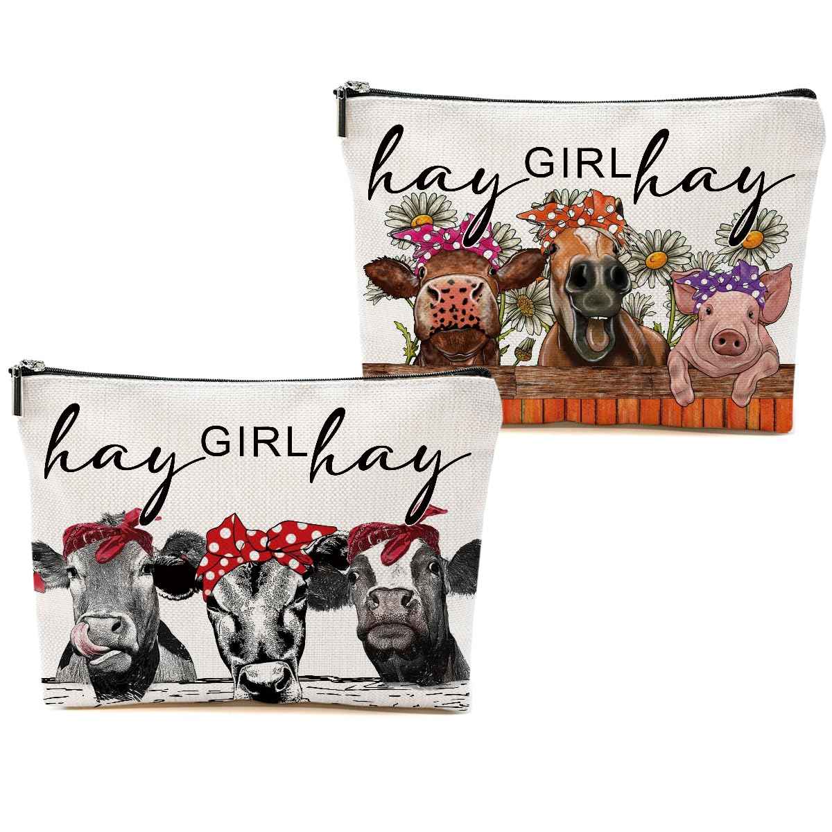 DHKG 2pcs Funny Farm Animals Cow Stuff Western Makeup Bag, Farm Animals Cosmetic Bag Cow Gifts for Women Female Girls Sister BFF, Christmas Birthday Gift, Western Stuff Travel Toiletry Bags