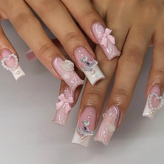 24Pcs French Tip Square Fake Nails Medium Press on Nails with Rhinestone Bow Flower Charm Designs False Nails Full Cover Pink Stick on Nails Cute Nail Decorations for Women