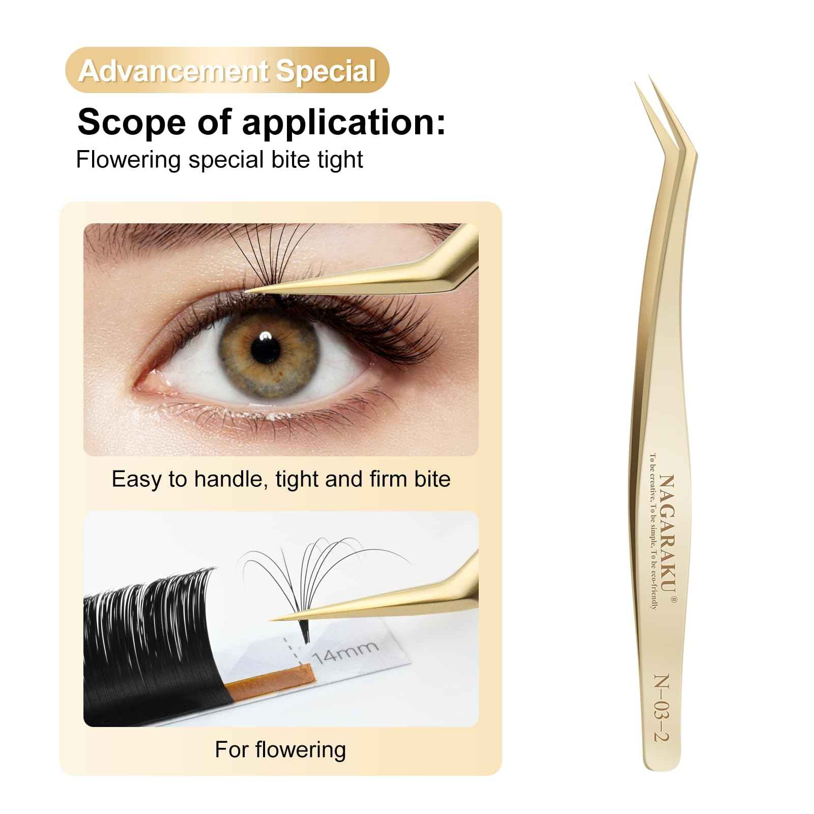 NAGARAKU Eyelash Extension Tweezers Gold Straight Curved Angled Long tip Volume Cluster Light Weight Easy Fanning Tweezer Stainless Steel Precision 1 Pair Lash Applicator Tool (N-02-2 & N-03-2)